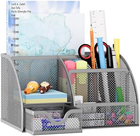 EasyPAG Mesh Desk Organizer with Drawer Multi-functional Pen Holder Stationery Organizer for Office School Supplies 6 Compartments Dorm Organizers and Storage for Desk, Silver by EasyPAG