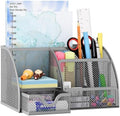 EasyPAG Mesh Desk Organizer with Drawer Multi-functional Pen Holder Stationery Organizer for Office School Supplies 6 Compartments Dorm Organizers and Storage for Desk, Silver by EasyPAG