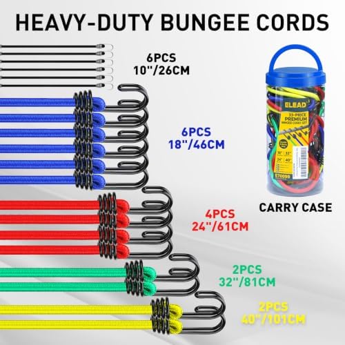 ELEAD 33 Piece Premium Bungee Cords Assortment Jar, Includes 10", 18", 24", 32", 40" Bungee Cord with Hooks, 6" Nylon Cable Ties, 8" Canopy Tarp Ball Ties and Tarp Clips - Image 2