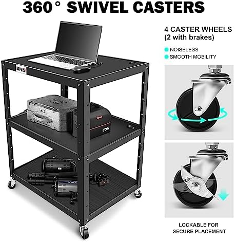 DNA Motoring 3-Layer Utility Steel AV Cart with Wheels Power Strip, 35" x 25" x 24"-42" Height Adjustable Rolling Projector Cart,TOOLS-00137 - Image 4