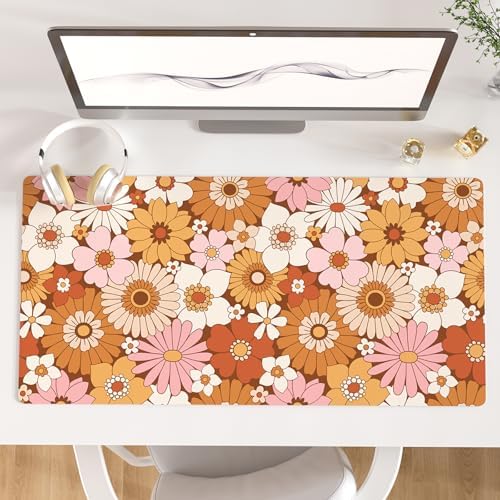 Faux Leather Large Mouse Pad, Office Desk Mat, 31.5"x15.7", Retro Flowers by ColorfulStar