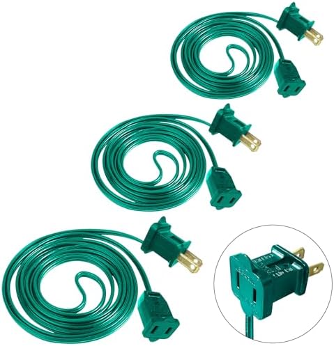 3 Pack 2 Prong Polarized Extension Cord Green Extension Cord 6 Feet with Stackable Unpolarized Plug, 5A 120V 432W, for Connect/Extend Indoor Outdoor Christmas Lights String (18 Feet) by SOTOPOO