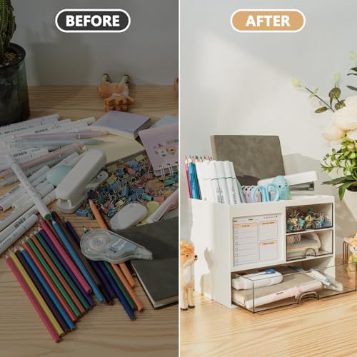 QIYVLOS Desk Organizer with 3 Drawer, Multi-Functional Pencil Pen Holder for Desk, Desk Organizers and Storage with 8 Compartments, Desktop Organizer for Office Home Art Supplies (White) - Image 3