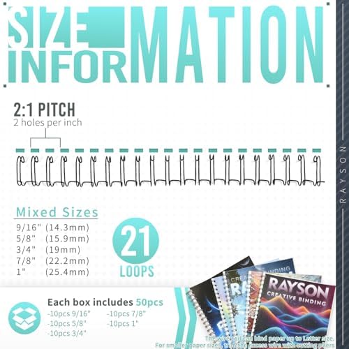 Rayson Wire Binding Spines, 2:1 Pitch, 21-Loop Black, Mixed Sizes, 50 Pack - Image 2