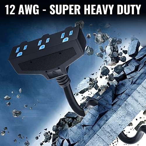 Outdoor Extension Cord 100 Ft with 3 Outlets, 12/3 SJTW 3 Prong Grounded Power Cord, 12 Gauge 12AWG Heavy Duty Power Cable, ETL Listed, 15 Amp 125 V 1875 W-Multiple Outlets for Indoor/Outdoor-Black - Image 4