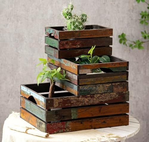 TIMRIS Set of 3 Rustic Distressed Wood Nesting Crates, Farmhouse Decorative Wooden Storage Boxes, Large Vintage Reclaimed Wood Baskets for Display (Random) by TIMRIS