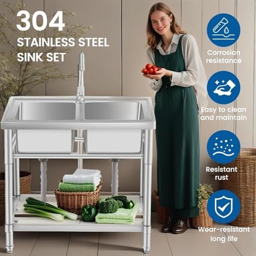 Garvee Stainless Steel Utility Sink with Faucet, Commercial Freestanding Double Bowl Sink with Hot & Cold Water Pipes, Storage Shelf for Restaurant, Kitchen, Garage, Laundry, Outdoor (33in) - Image 6
