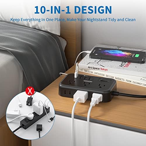 Flat Plug Extension Cord 10 Ft, NTONPOWER 6 Widely Spaced Outlet(2 Side) Power Strip with 4 USB Ports, Overload Protection, Wall Mount Charging Station for Home Office, Nightstand and dorm room, Black - Image 4