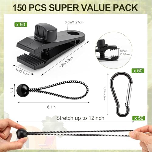 Novabright 150 Pcs Heavy Duty Tarp Clips Kit with Lock Fasteners Grip and Bungee Cords 3 in 1 Tarp Clips Fasteners and Bungee Cords Fit for Camping Tents Swimming Covers Caravans Canopies - Image 2