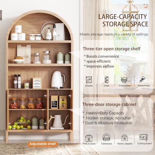 Ieejdn 71.34" Tall Arched Kitchen Pantry,Modern Fluted Wood Storage Cabinet with Doors,Adjustable Shelves,Organizer, Versatile Cupboard for Kitchen,Living Room,Dining Room,Bathroom,Natural - Image 3