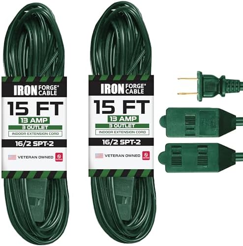 Iron Forge Cable 16 Gauge Green Indoor Extension Cord, 15 Ft - SJT by IronForgeCable