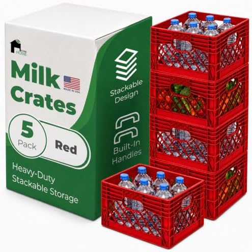 EconoHome Milk Crate - Stackable Storage Crate with Built-In Handles - Heavy Duty Plastic Material - Ventilated Organizer Bin for Garage, Pantry, Classroom, Office & Moving - Red, 13x13x11, 5-Pack by EconoHome