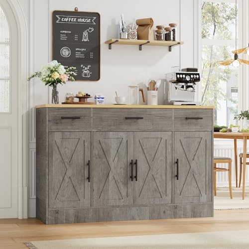Shintenchi Buffet Cabinet with Storage,53.4" Large Kitchen Storage Cabinet with 3 Drawers and 4 Doors,Wood Farmhouse Buffet Sideboard with Adjustable Shelf for Kitchen Living Room, Gray - Image 2