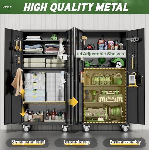 Greenvelly Metal Storage Cabinet with Wheels, 72" Black Garage Rolling Cabinet with Doors and 4 Shelves, Steel Locking Cabinets Tall Tool Lockable Storage Cabinets for Basement, Pantry, Home Office - Image 3