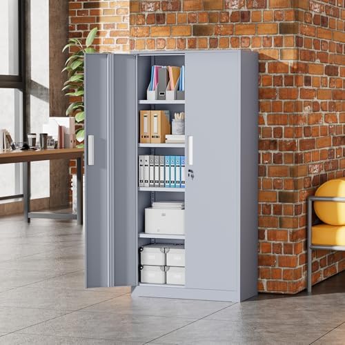 Greenvelly Metal Garage Storage Cabinet, 72” Tall Locking Steel Cabinet with 2 Doors and 4 Adjustable Shelves, Utility Metal Filing Cabinet with Lock for Home, Office, Garage, School (Dark Grey) - Image 2