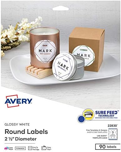 Avery Printable Round Labels with Sure Feed, 2.5" Diameter, Glossy White, 450 Customizable Labels (22830) by Avery