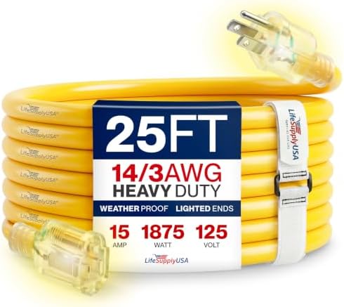 25ft Outdoor/Indoor Extension Cord 14/3 Gauge Heavy Duty 3 Prong SJTW, Waterproof, Flexible Cold-Resistant Long Power Cord,15A 125V 1625 W, Yellow by LifeSupplyUSA by LifeSupplyUSA