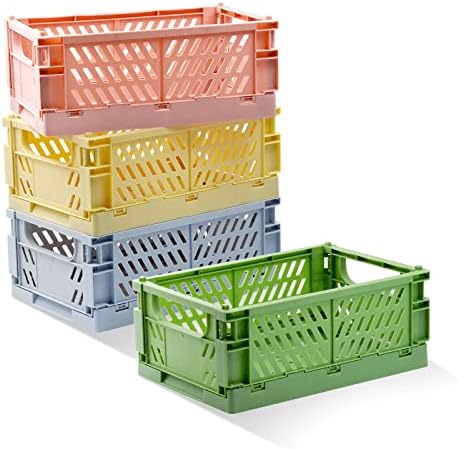 4 Pack Pastel Crates for Storage, Plastic Folding Basket, Colorful Small Storage Containers for Bedroom Office Classroom Bathroom Desktop Drawer Organizer Decor (9.8x6.5x3.8inch) by Xhwykzz