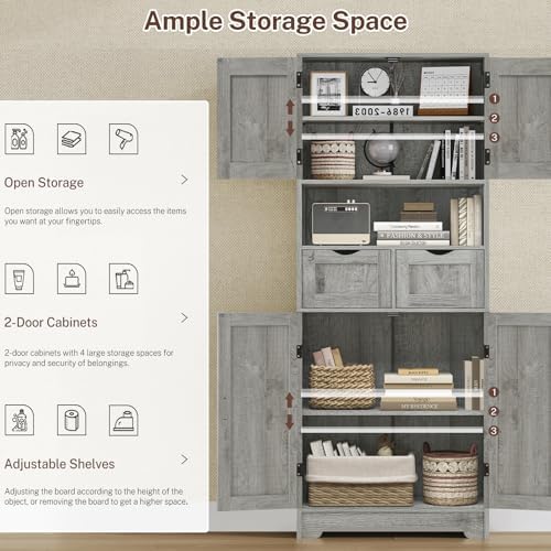Iwell Tall Storage Cabinet with Adjustable Shelf, Bathroom Cabinet with 2 Drawers, Linen Cabinet for Living Room, Grey - Image 4