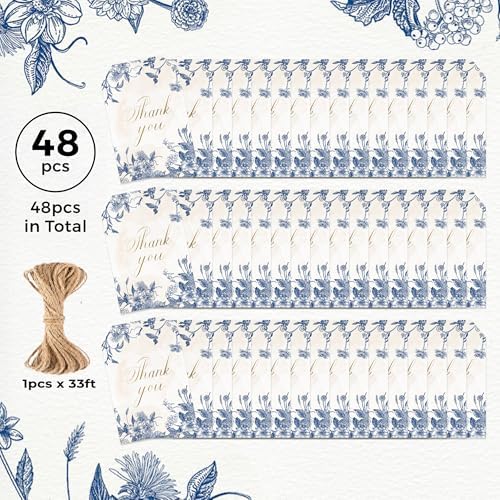 Vintage Blue Thank You Gift Tags with String 48pcs for Favors and Gift Bags - Image 2