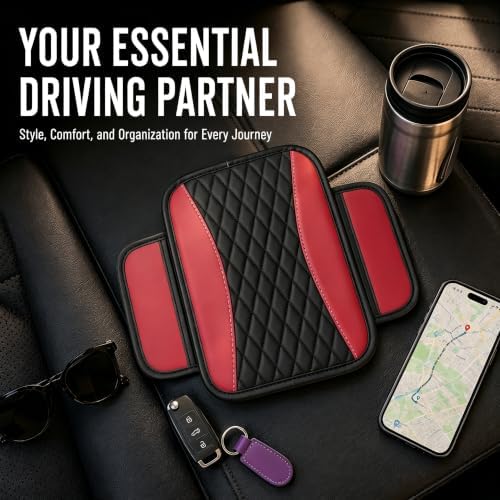 Center Console Cover, PU Leather Car Armrest Cushion with Side Storage Pockets, Universal Armrest Protector Organizer for SUV Truck Sedan (Red) - Image 6