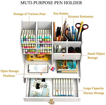 Hggzeg White Pen Organizer with Drawer, DIY Pencil Holder, Desk Tidy Caddy - Image 6