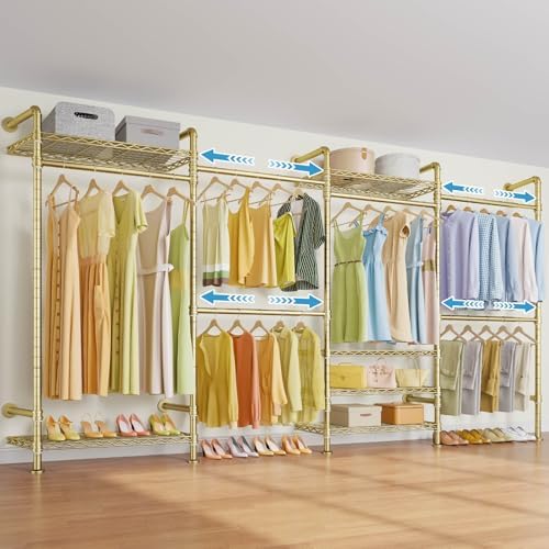 Timate F4 Wall Mounted Clothes Rack Industrial Pipe Clothing Rack for Hanging Clothes, Expandable Garment Rack Heavy Duty Wardrobe Closet Organizer and Storage, Adjustable Industrial Closet Kit, Gold by SturdyWallMountedClothesRack