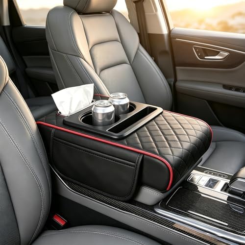 Car Armrest Cover, 5-in-1 Center Console Cover with Cup Holder, Black/Red by Unknown