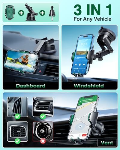 VANMASS [True Military-Grade] Car Phone Holder [Strongest Suction & Clip] Cell Phone Mount for Dashboard Windshield Vent Truck Accessories Cradle Dash Stand for iPhone 15 14 13 12 Android,Green - Image 3