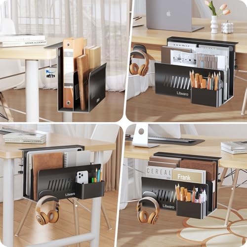 Litwaro Desk Side Storage Organizer, 2 Tier Laptop Holder Clamp on Desk Organizer, No Drill Laptop Mount with Magnetic Pen Holder, Hanging Desk Organizer Fits Flat Edge Table 0.4" to 2.1" (Black) - Image 7