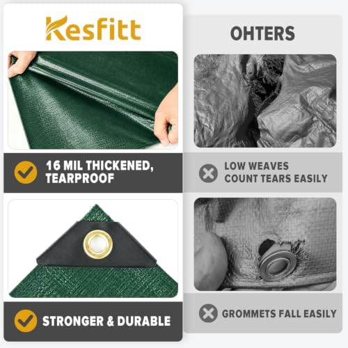 Kesfitt 16 Mil Heavy Duty Waterproof Tarp, 20x20 FT, Dark Green & Blue - Image 6