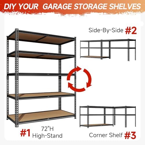 71.9" H Garage Shelves,Garage Storage Shelves Heavy Duty,Heavy Duty Garage Shelving,Adjustable 5 Tier Shelving for Garage Storage,Warehouse,71.9" Hx40 W x20 D - Image 6