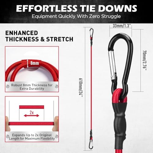 5-Piece 24 Inch Bungee Cords with Carabiner Hooks, Heavy Duty Rubber Elastic Tie Down Straps, Bungee Cord with Carabiner Clips for Cargo, Truck Bed, Camping, Motorcycle and Outdoor Use (Red) - Image 2