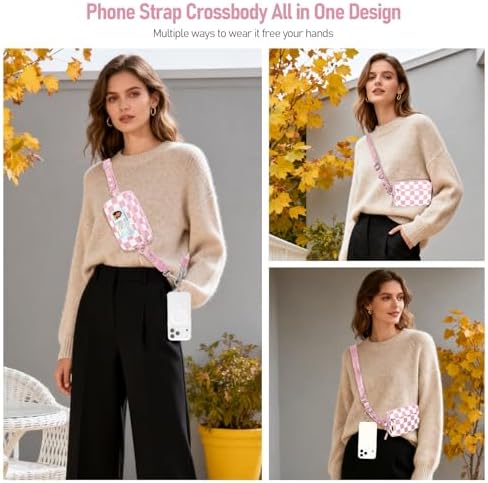 Tiostep Clip and Go Strap for Phone with Wallet Crossbody Phone Lanyard Adjustable and Detachable RFID Wristlet Wallet (Dusty Pink Checkered, Large) - Image 4
