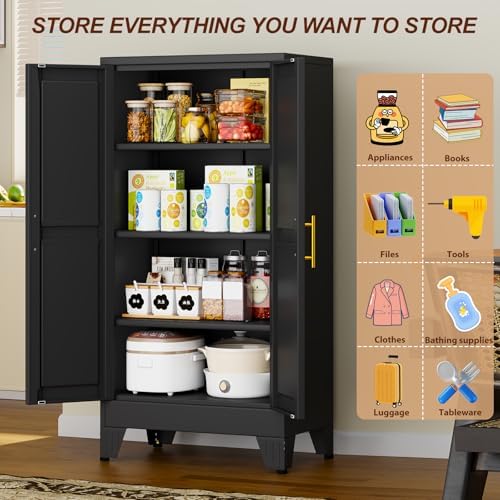 47" Black Metal Storage Cabinet with 2 Doors and 3 Adjustable Shelves,Steel Garage Tool Cabinet, File Cabinet,Kitchen Pantry Cabinet for Home,Office,Garage,School,Warehouse - Image 4