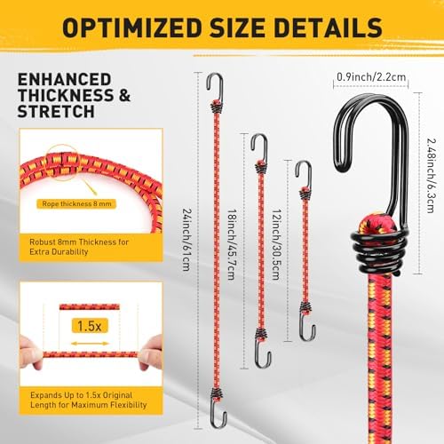 30-Piece 12" 18" 24" Elastic Bungee Cords with Hooks: Bungee Cords Heavy Duty Outdoor, Bungie Cord Bundle Assortment with Metal Hook, Bungee Straps for Kayaking, Camping, Garage Storage - Image 2
