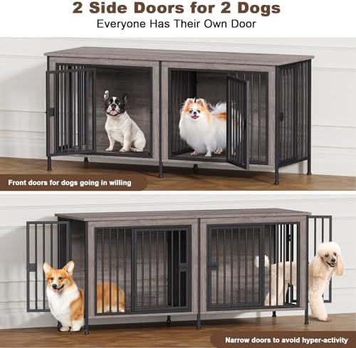 EasyCom 63" Dog Crate Furniture for 1 or 2 Dogs, 20-35 Pounds, Oak Grey - Image 2