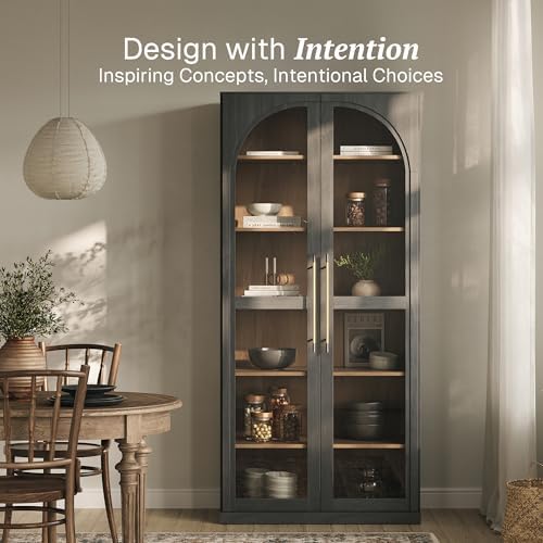 BELLEZE Modern Wood Wine Curio Cabinets with 4 Adjustable Shelves. 67" Storage Cabinet, 6 Shelf Glass Bookshelf Display Cabinet, Trophy Display Case for Living Room, Wine, Ebony - Image 4