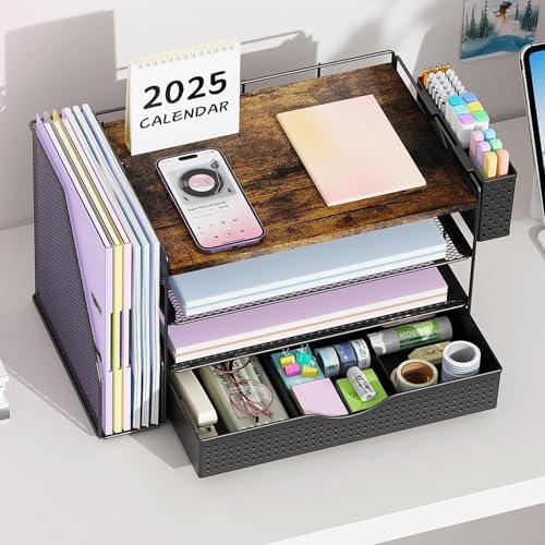 Wood Desk Organizers and Accessories with File Sorters, 4-Tier Desk Accessories & Workspace Organizers with Drawer and Pen Holder, Desk Reference Organizer (Wood, 4T with Drawer) - Image 6