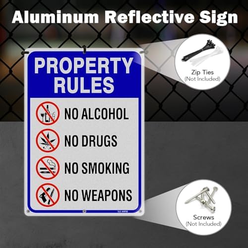 T&R Large Property Rules Sign No Alcohol No Drugs No Smoking No Weapons Sign - 14 x 10 Inches Rust Free .040 Aluminum Reflective - UV Protected, Waterproof and Fade Resistant - 6 Pre-drilled Holes - Image 5