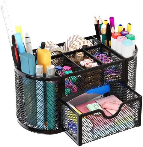 EasyPAG Mesh Pen Holder Desk Organizer with Drawer Stationery Supplies Organizer for Dorm School 9 Compartments Workspace Desk Accessories Organization for Office, Black by EasyPAG