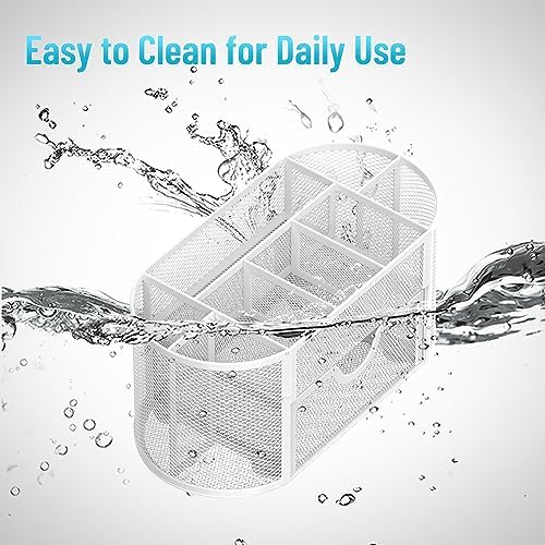 Mesh Desk Organizer with Drawer, 9-Compartment Pen Holder for Desk, White - Image 6