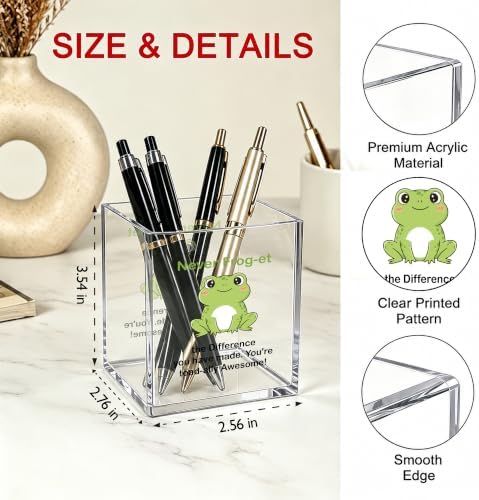 Inspirational Frog Office Acrylic Cosmetic Pen Pencil Holder Cup, Never Frog-et the Difference You Make Pencil Organizer, Cute Desk Accessories, Motivational Gifts for Women Men Teacher（A26） - Image 2