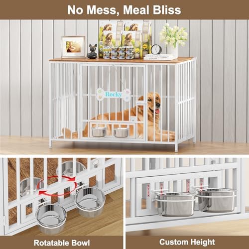 Easycom 43" Dog Crate Furniture Foldable, No Assembly Decorative Dog Kennel Indoor, XL Dog Crates for Large Dogs (60-80 lbs), Wooden Dog Cage with Adjustable Bowls and Name Tag, White & Beech - Image 4
