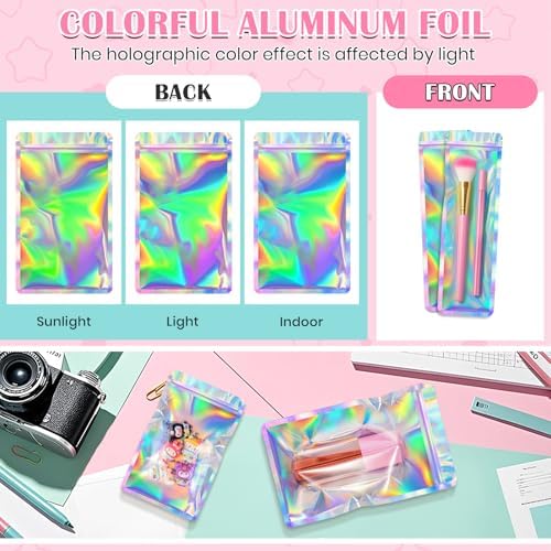 FUNFERY 100 Pack,Round Corner Clear Window Smell Proof Holographic Bags - Image 7