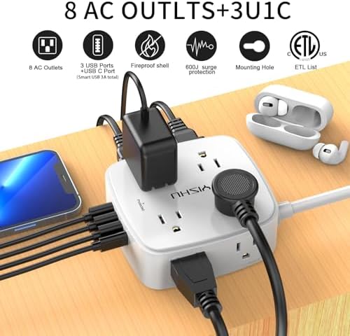 20 Ft Surge Protector Power Strip - 8 Widely Outlets with 4 USB Ports, 3 Side Outlet Extender with 20 Feet Extension Cord, Flat Plug, Wall Mount, Desk USB Charging Station, ETL, White - Image 2