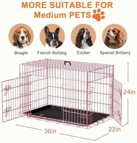 FDW | 36" Foldable Metal Dog Crate | Pink | Cage for Medium Dogs - Image 7
