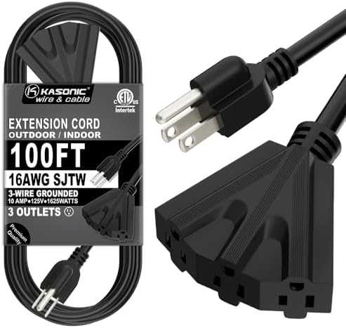K KASONIC 100 FT 3 Outlet Outdoor Extension Cord, 16/3 Grounded Cord, Black by KASONIC