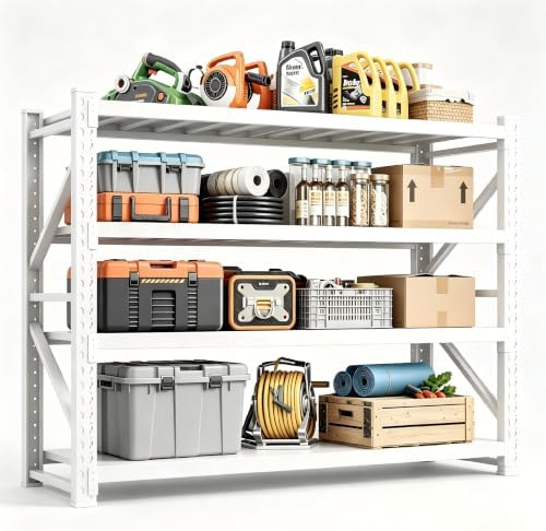 59" W Garage Storage Shelves,3000LBS Garage Shelving Heavy Duty Adjustable Shelving Unit,4 Tier Metal Utitly Shelves Industrial Shelving for Warehouses,Basement,White by KOBITOGarageStorageShelves