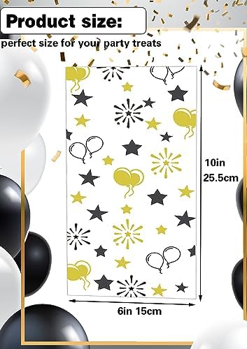 COQOFA 100 Pcs Black Gold 6"X10" Star Printed Gift Wrap Cellophane Bags with Twist Ties for Birthday, Graduation, Wedding, Christmas, Halloween - Image 2